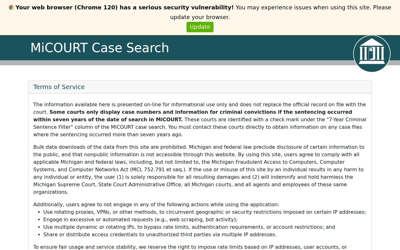 MiCOURT interface for Midland County criminal court cases